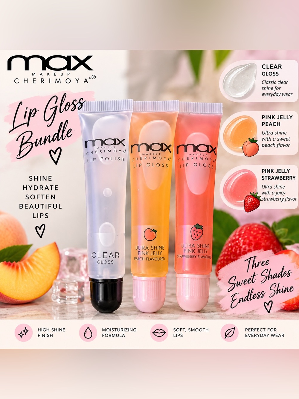 MAX Makeup Cherimoya Lip Gloss 3-Piece Bundle